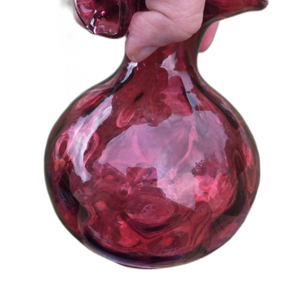 VTG Cranberry Glass Pitcher Ruffled Rim Clear Reeded Handle Optic 6.5 Inch